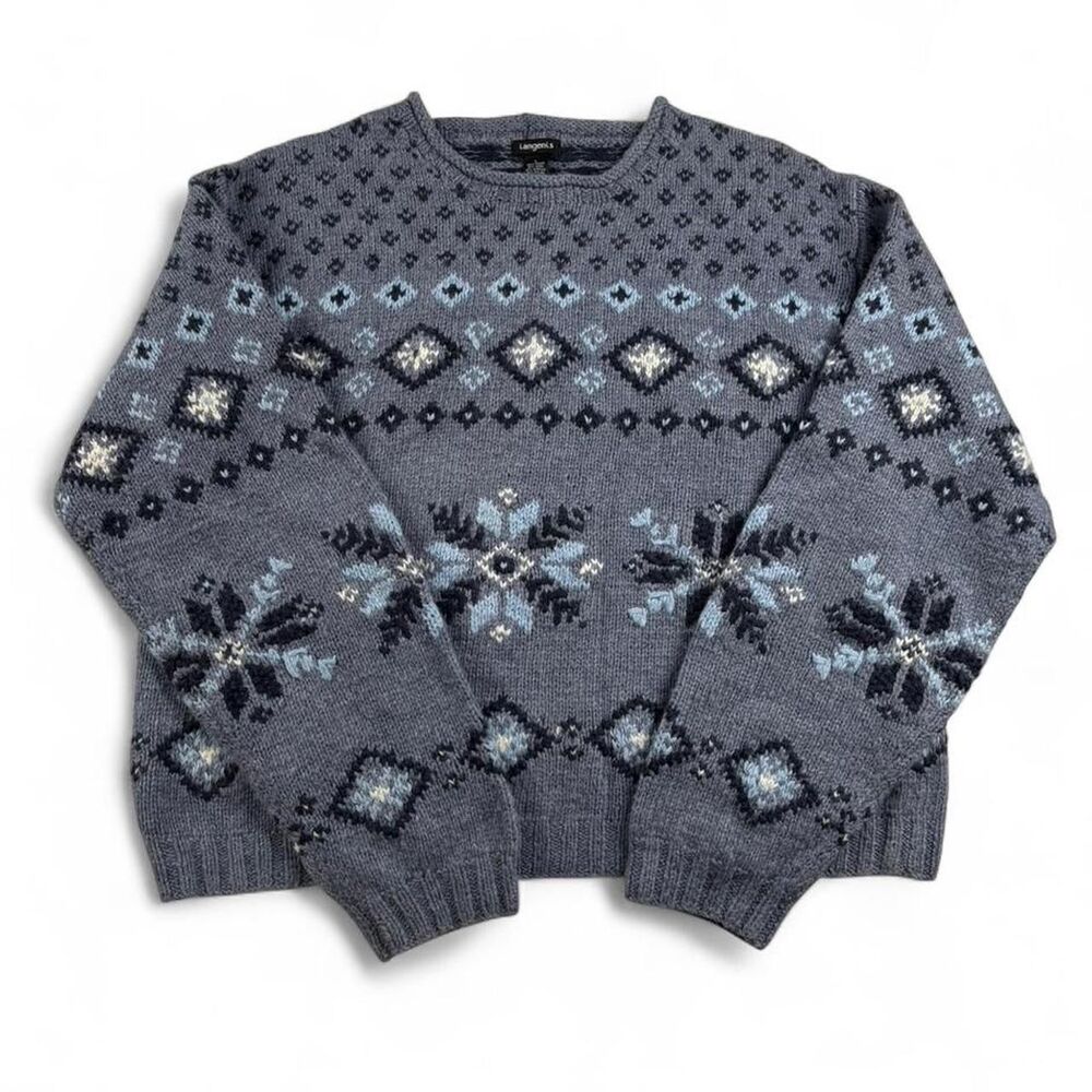 Blue Grey Snowflake Sweater - Women's Large Langents Fair Isle Knit Pullover